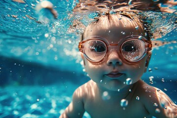 Fototapeta premium Illustration featuring a newborn baby with swimming glasses surrounded by bubbles, exuding pure bliss during a gentle underwater experience