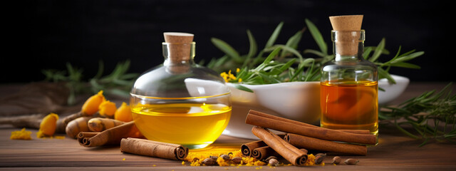 bottle, jar of essential oil extract turmeric - obrazy, fototapety, plakaty