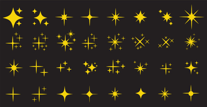 Flash sparkle flat star icon set. Twinkle star silhouette for gold sparkle, yellow glitter light, magic shiny flare effect. Vector set of different  sparkles icons on white  background.