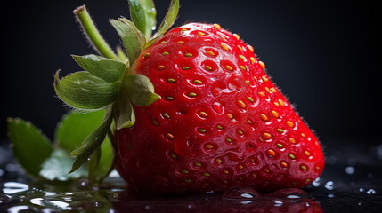 Close-up detail of a fresh red strawberry with leaves, Strawberries isolate. Generated AI.