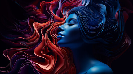 Sinnliches Portrait einer blauen Frau mit geschlossenen Augen vor rotem geometrischen Wellen-Hintergrund. Profil. Abstrakte Illustration - obrazy, fototapety, plakaty