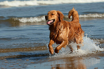 Golden retriever jumps on the wave on the beach. Golden retriever training.
