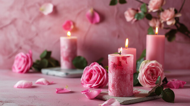 Romantic composition with burning pink candles and roses on a pink background. St Valentines day concept.