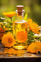 Obraz na płótnie Canvas bottle, jar of calendula essential oil extract