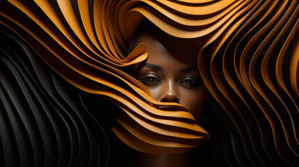 Sinnliches Portrait einer afroamerikanischen Frau mit gelbem 3D-Wellenmuster um Kopf und Gesicht. Abstrakte Illustration - obrazy, fototapety, plakaty