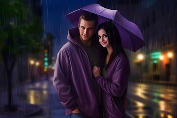 Young couple in love standing in the rain. Neural network AI generated art