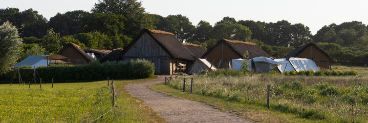 Panoramic view to the reconstructed viking houses of the ancient site of Hedeby.