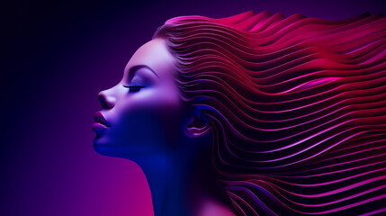 Abstraktes Portrait einer Frau mit roten beleuchteten 3D-Wellen-Formen als Frisur. Profil. Illustration