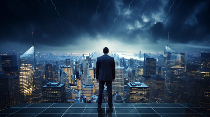 Businessman Conquering Obstacles : A Determined Visionary Standing on Top of a Downtown Skyscraper...