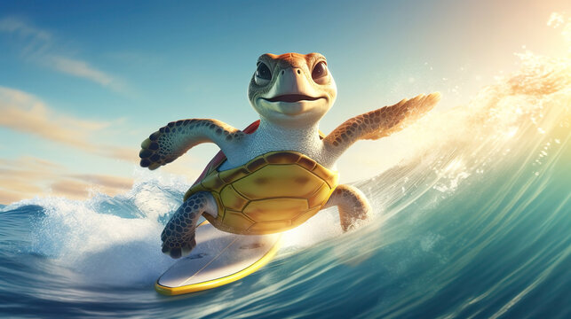 Funny turtle standing on surfboard on sea wave. Cute cartoon turtle