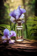 bottle, jar with essential oil extract iris - obrazy, fototapety, plakaty