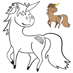 Vector digital illustration ready to print: lineart fairytale scene ideal for children coloring page, handdrawn pony unicorn with rainbow, allowed as a lineart for games