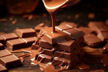Pouring tasty milk chocolate paste onto chocolate pieces on the blurred background