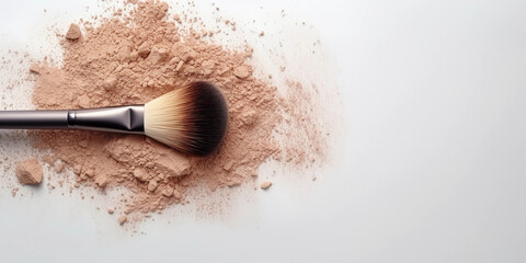Makeup brush with powder mockup banner with copy space, plane grey background - obrazy, fototapety, plakaty