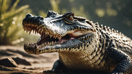 Obraz premium Close up of a crocodile with open jaws. Generative Ai