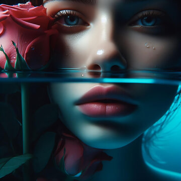 cinematic photo shot a girl with half of her face underwater and with a rose, created by generative ai