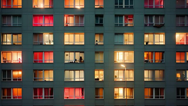 Windows of apartment building at night time lapse, the light from illuminated rooms of houses. Urban landscape of the glowing flat in the city. Lights moving and flickering colorful