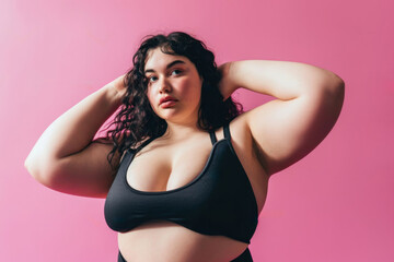 Fat girl doing fitness in the gym on a coloured background