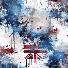 seamless pattern with the English British flag of England Britain UK on white blue red background with a watercolor style texture