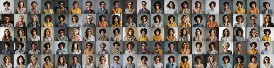 100 diverse happy women portraits, a lot of different people female faces collage. A hundred of smiling businesswomen, many african, asian and european ladies set montage mosaic beauty network. - obrazy, fototapety, plakaty