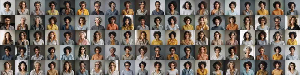 Foto op Canvas 100 diverse happy women portraits, a lot of different people female faces collage. A hundred of smiling businesswomen, many african, asian and european ladies set montage mosaic beauty network. © Synthetica