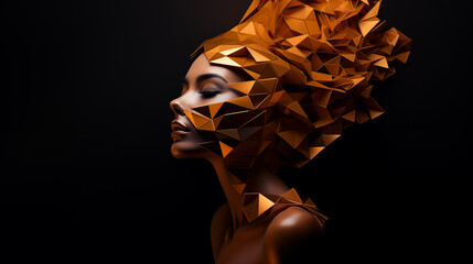 Abstraktes Portrait einer Frau mit goldenen geometrischen Formen um den Kopf. Illustration vor schwarzem Hintergrund - obrazy, fototapety, plakaty