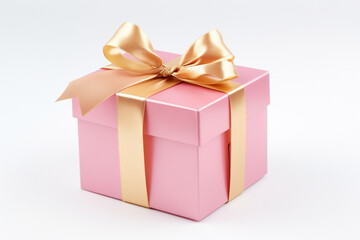 gift box pink with golden bow, isolated on white background