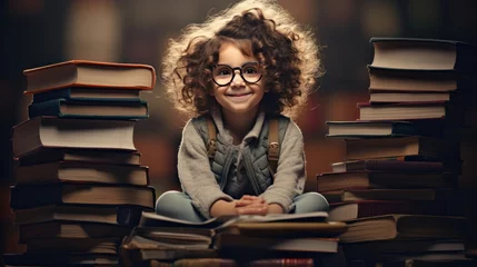 Fotobehang Happy little girl with reading glasses Sitting on top of stacked old books © venusvi