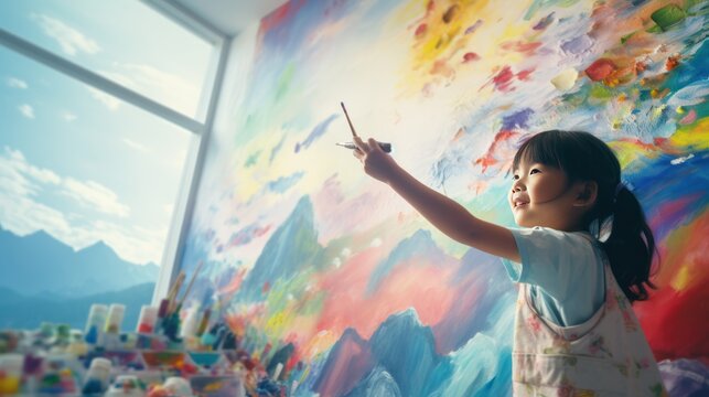 Little Asian girl drawing a rainbow Colorful mountains and sky on the wall Pointing the brush at the large work she painted.