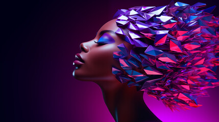 Abstraktes Portrait einer Frau mit pinken und violetten geometrischen Formen als Frisur. Profil. Illustration vor violettem Hintergrund - obrazy, fototapety, plakaty