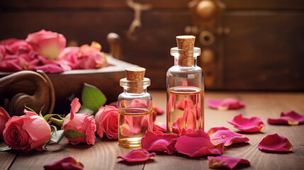 Obraz na płótnie Canvas bottle, jar with rose essential oil extract