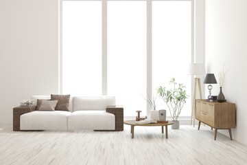 White living room with sofa. Scandinavian interior design. 3D illustration