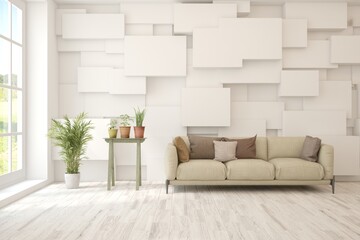 White scandinavian interior design with sofa. 3D illustration