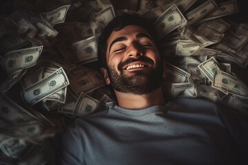 Smiling man sleeping on bed in bedroom There are lots of dollars instead of blankets.