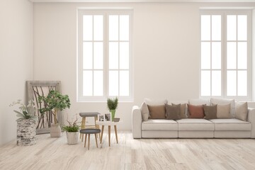White scandinavian interior design with sofa. 3D illustration