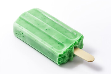 fruit ice cream green color one bar on wooden stick, isolated, white background