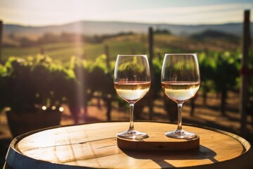Two glasses of red and white wine on wooden barrels, vineyard backdrop,
