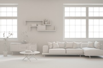 Fototapeta na wymiar White living room concept with sofa. 3D illustration