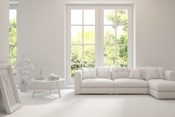 Bright interior design with modern furniture and summer landscape in window. 3D illustration