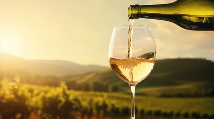 wine glass pouring white wine Morning light vineyard landscape background with copy space