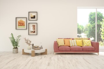 White living room with sofa and summer landscape in window. Scandinavian interior design. 3D illustration