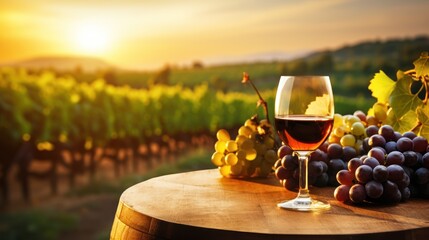 Wine glass with grapes and barrel on beautiful light vineyard background.