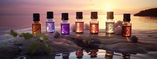 different aromatic oils in bottles on the background of water