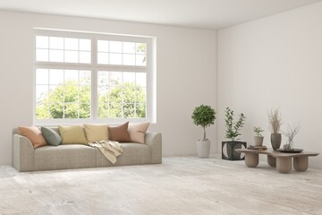 Modern interior concept with sofa and summer landscape in window. 3D illustration