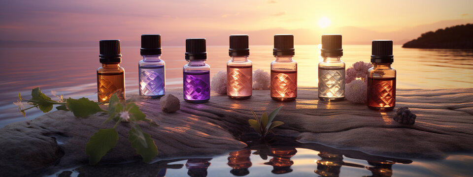 different aromatic oils in bottles on the background of water