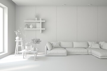 White living room concept with sofa. 3D illustration
