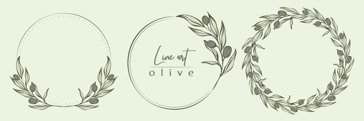 Botanical line illustration set of olive leaves, branch wreath for wedding invitation and cards, logo design, web, social media and posters template. Elegant minimal style floral vector isolated.  - obrazy, fototapety, plakaty