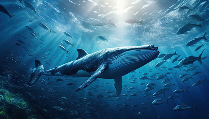 Big blue whale in the ocean