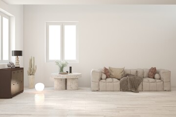 White living room with sofa. Scandinavian interior design. 3D illustration