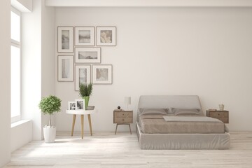 Soft color bedroom interior. Scandinavian design. 3D illustration - obrazy, fototapety, plakaty